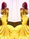 Gorgeous Mermaid Off-the-Shoulder Long Sleeves Applique Elastic Woven Satin Prom Dresses by misshow.com