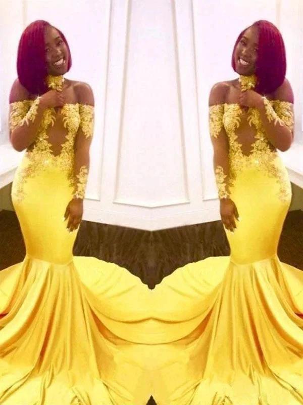 Gorgeous Mermaid Off-the-Shoulder Long Sleeves Applique Elastic Woven Satin Prom Dresses by misshow.com