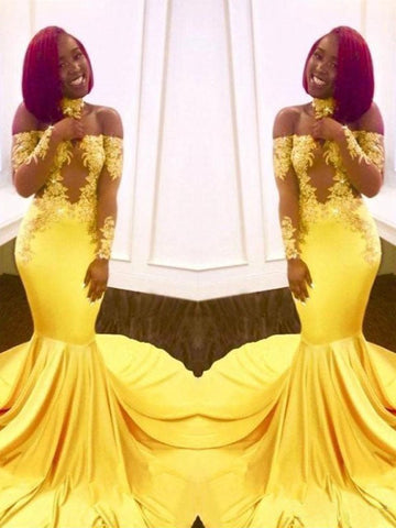 Gorgeous Mermaid Off-the-Shoulder Long Sleeves Applique Elastic Woven Satin Prom Dresses