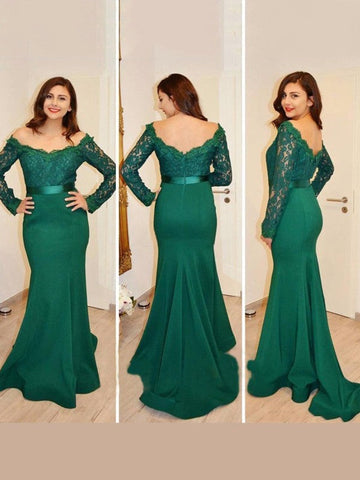 Hermosos vestidos de fiesta de satén con apliques y mangas largas y hombros descubiertos de sirena