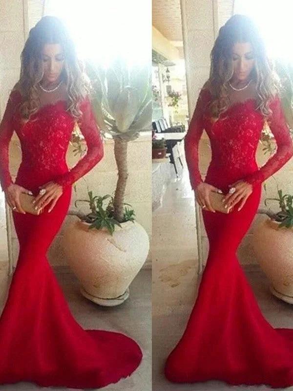 Gorgeous Mermaid Off-the-Shoulder Long Sleeves Lace Elastic Woven Satin Prom Dresses by misshow.com