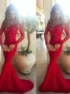 Gorgeous Mermaid Off-the-Shoulder Long Sleeves Lace Elastic Woven Satin Prom Dresses by misshow.com