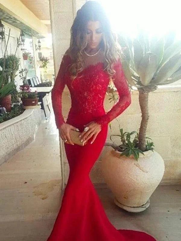 Gorgeous Mermaid Off-the-Shoulder Long Sleeves Lace Elastic Woven Satin Prom Dresses by misshow.com