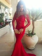 Gorgeous Mermaid Off-the-Shoulder Long Sleeves Lace Elastic Woven Satin Prom Dresses by misshow.com