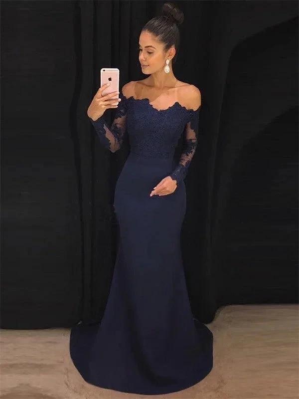 Gorgeous Mermaid Off-the-Shoulder Long Sleeves Lace Stretch Crepe Prom Dresses by misshow.com