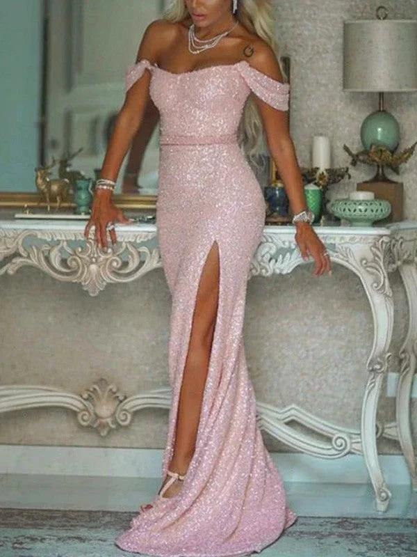 Gorgeous Mermaid Off-the-Shoulder Sequins Sleeveless Sash/Ribbon/Belt Prom Dresses by misshow.com