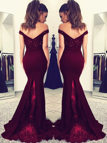 Gorgeous Mermaid Off-the-Shoulder Sleeveless Lace Elastic Woven Satin Prom Dresses