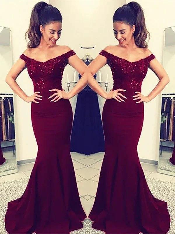 Gorgeous Mermaid Off-the-Shoulder Sleeveless Lace Elastic Woven Satin Prom Dresses by misshow.com