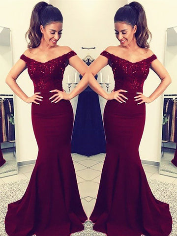 Gorgeous Mermaid Off-the-Shoulder Sleeveless Lace Elastic Woven Satin Prom Dresses