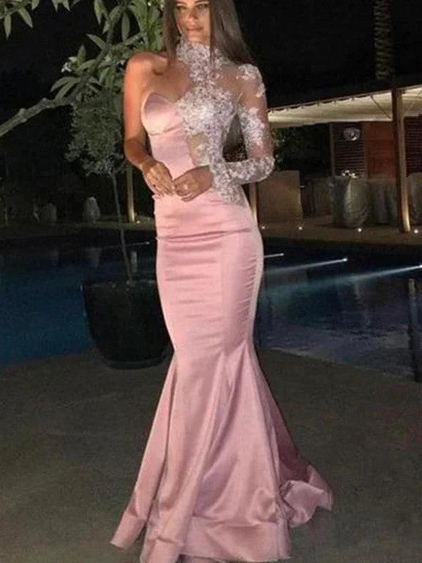 Gorgeous Mermaid Satin Applique One-Shoulder Long Sleeves Prom Dresses by misshow.com