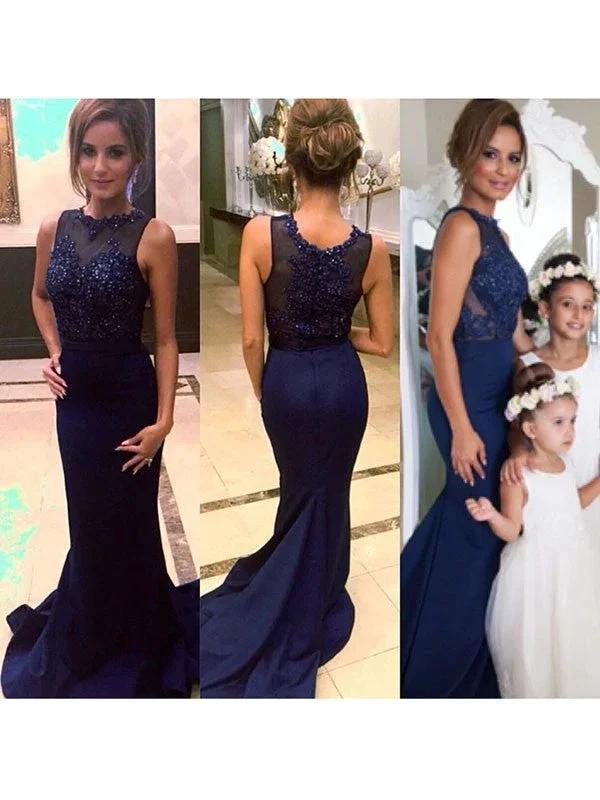 Gorgeous Mermaid Scoop Court Train Sleeveless Beading Satin Prom Dresses by misshow.com
