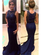 Gorgeous Mermaid Scoop Court Train Sleeveless Beading Satin Prom Dresses by misshow.com