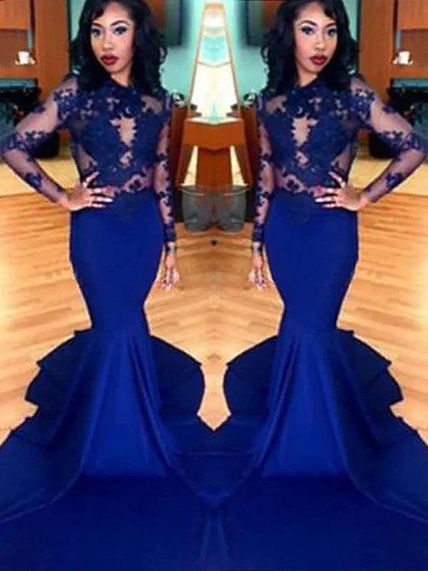 Gorgeous Mermaid Scoop Lace Elastic Woven Satin Long Sleeves Prom Dresses by misshow.com