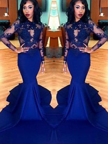 Gorgeous Mermaid Scoop Lace Elastic Woven Satin Long Sleeves Prom Dresses