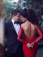 Gorgeous Mermaid Scoop Long Sleeves Applique Stretch Crepe Prom Dresses by misshow.com
