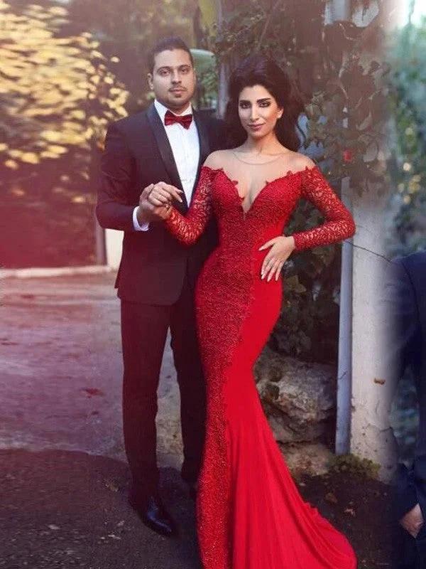 Gorgeous Mermaid Scoop Long Sleeves Applique Stretch Crepe Prom Dresses by misshow.com