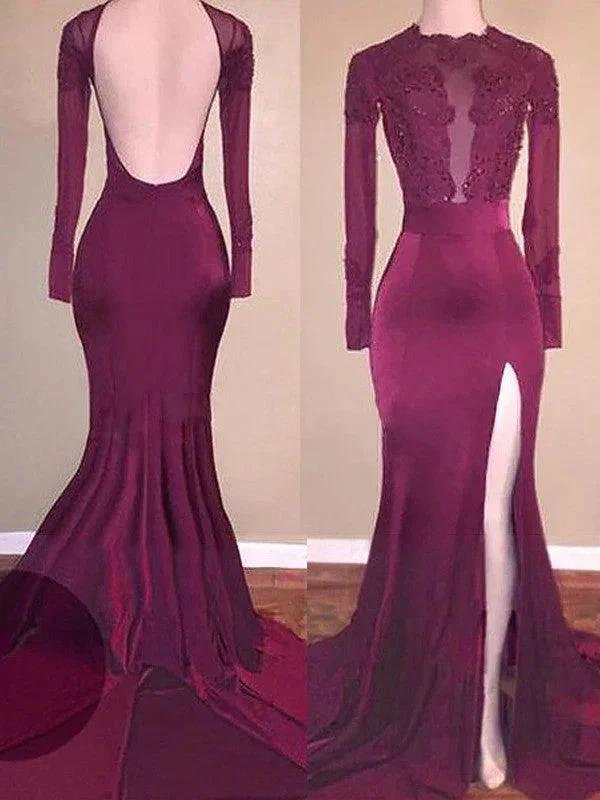 Gorgeous Mermaid Scoop Satin Long Sleeves Applique Prom Dresses by misshow.com