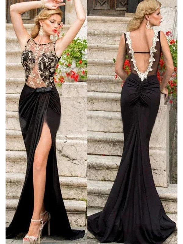 Gorgeous Mermaid Scoop Sleeveless Lace Jersey Prom Dresses by misshow.com