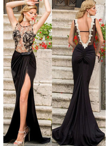 Hermosos vestidos de fiesta de jersey de encaje sin mangas con escote sirena