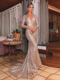 Gorgeous Mermaid Sequins Long Sleeves V-neck Ruffles Prom Dresses by misshow.com