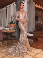 Gorgeous Mermaid Sequins Long Sleeves V-neck Ruffles Prom Dresses by misshow.com