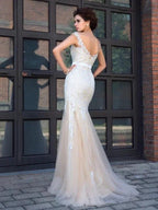 Gorgeous Mermaid Sheer Neck Applique Short Sleeves Long Net Prom Dresses by misshow.com