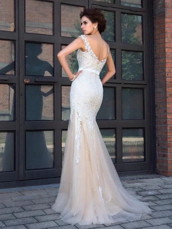 Gorgeous Mermaid Sheer Neck Applique Short Sleeves Long Net Prom Dresses by misshow.com