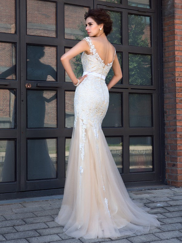 Gorgeous Mermaid Sheer Neck Applique Short Sleeves Long Net Prom Dresses Main Image