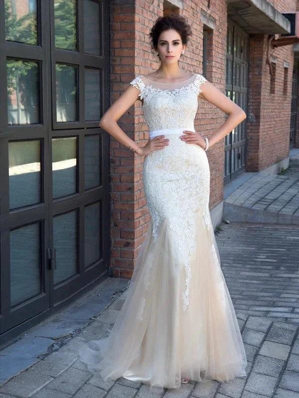 Gorgeous Mermaid Sheer Neck Applique Short Sleeves Long Net Prom Dresses by misshow.com