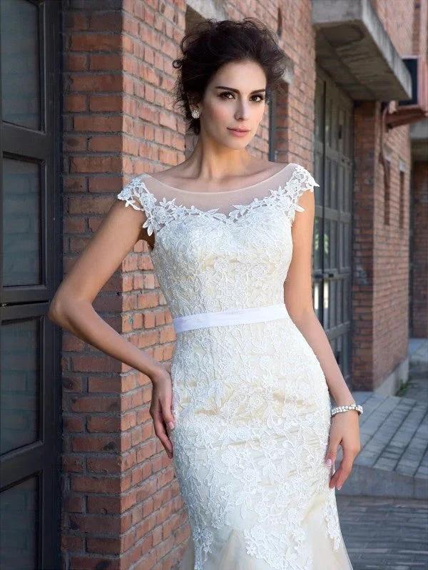 Gorgeous Mermaid Sheer Neck Applique Short Sleeves Long Net Prom Dresses by misshow.com