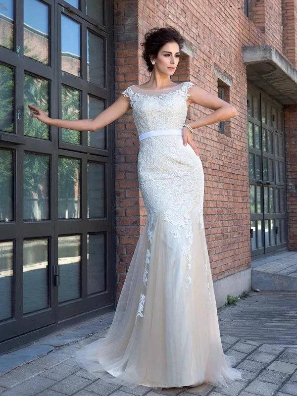 Gorgeous Mermaid Sheer Neck Applique Short Sleeves Long Net Prom Dresses by misshow.com