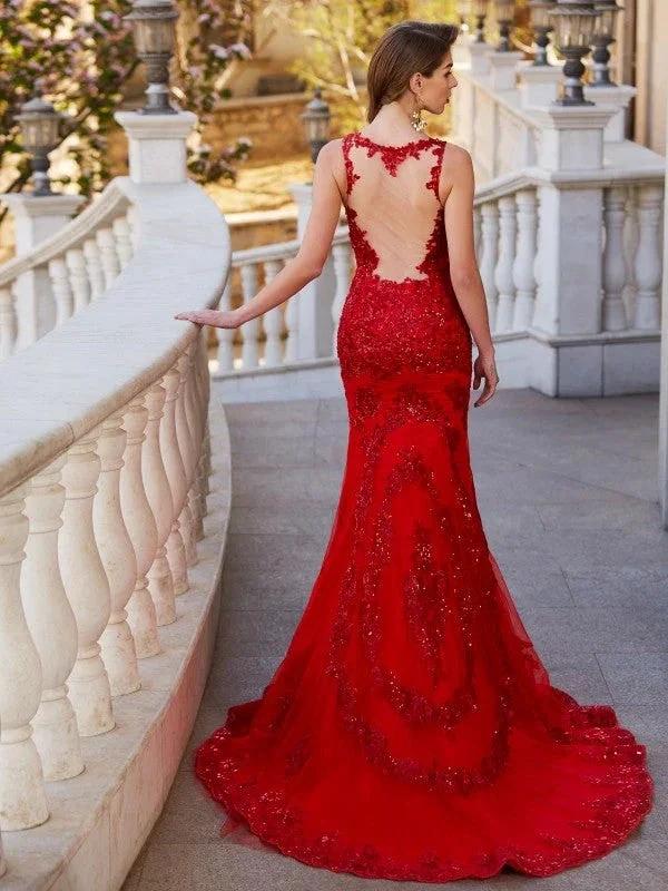 Gorgeous Mermaid Sheer Neck Sleeveless Applique Tulle Prom Dresses by misshow.com