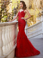 Gorgeous Mermaid Sheer Neck Sleeveless Applique Tulle Prom Dresses by misshow.com
