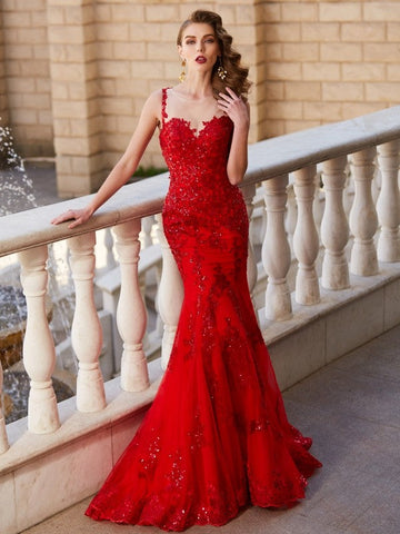 Hermosos vestidos de fiesta de tul con apliques y cuello transparente de sirena sin mangas