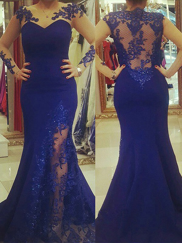 Gorgeous Mermaid Silk like Satin Scoop Applique Long Sleeves Plus Size Prom Dresses Hover Image