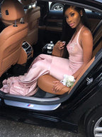 Gorgeous Mermaid Sleeveless Halter Applique Elastic Woven Satin Prom Dresses