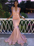 Gorgeous Mermaid Sleeveless Halter Applique Elastic Woven Satin Prom Dresses