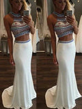 Gorgeous Mermaid Sleeveless Halter Beading Spandex Two Piece Prom Dresses by misshow.com