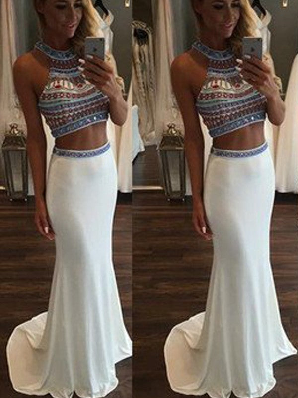 Gorgeous Mermaid Sleeveless Halter Beading Spandex Two Piece Prom Dresses Hover Image