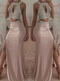 Gorgeous Mermaid Sleeveless Halter Floor-Length Beading Chiffon Two Piece Prom Dresses by misshow.com