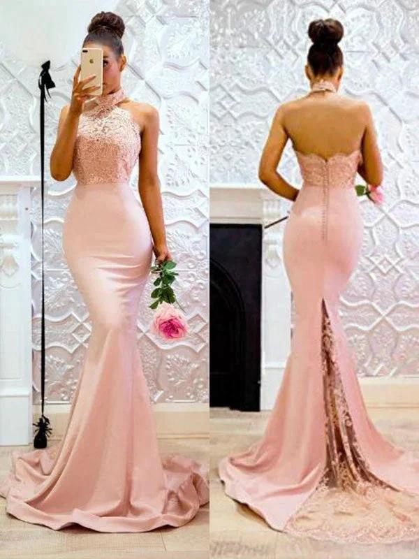 Gorgeous Mermaid Sleeveless Halter Lace Charmeuse Prom Dresses by misshow.com