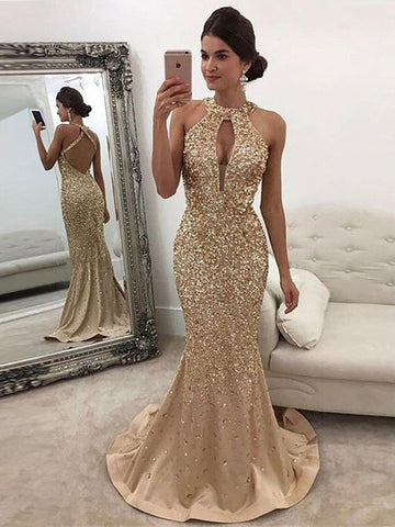 Gorgeous Mermaid Sleeveless Halter Sequin Satin Prom Dresses