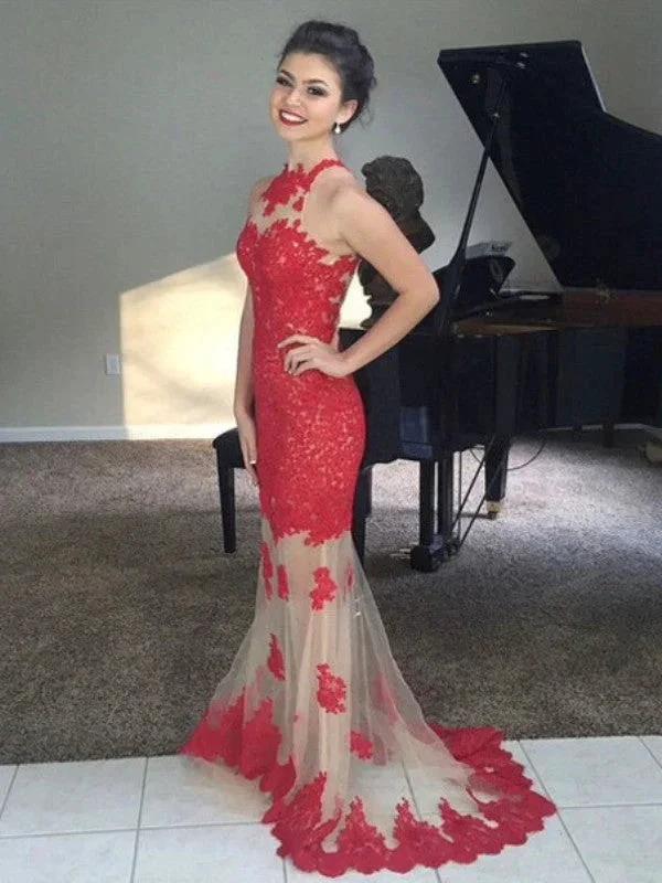 Gorgeous Mermaid Sleeveless High Neck Net Applique Prom Dresses by misshow.com