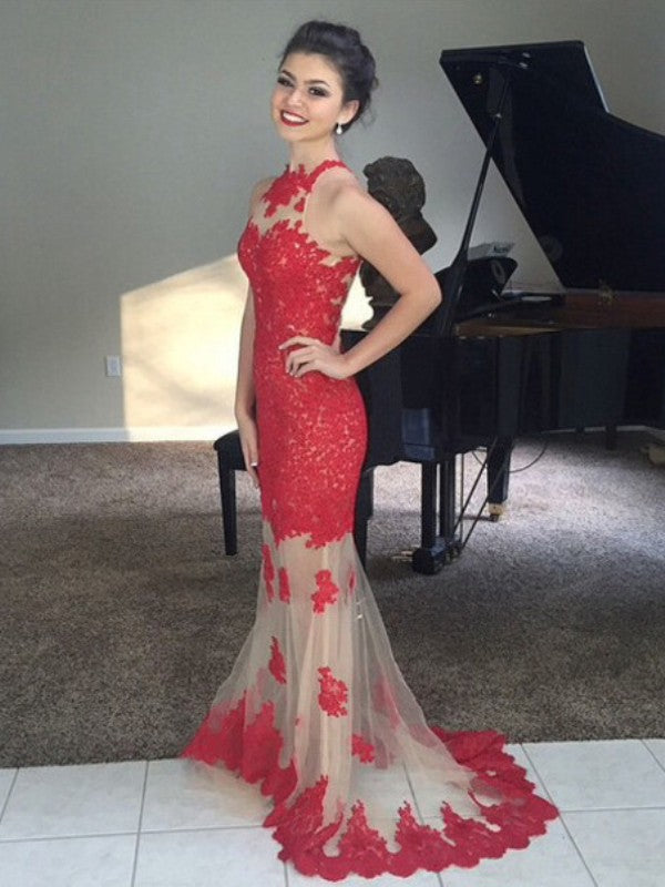 Hermosos vestidos de fiesta de sirena sin mangas con cuello alto y apliques de red Hover Image