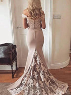 Gorgeous Mermaid Sleeveless Off-the-Shoulder Elastic Woven Satin Applique Prom Dresses by misshow.com