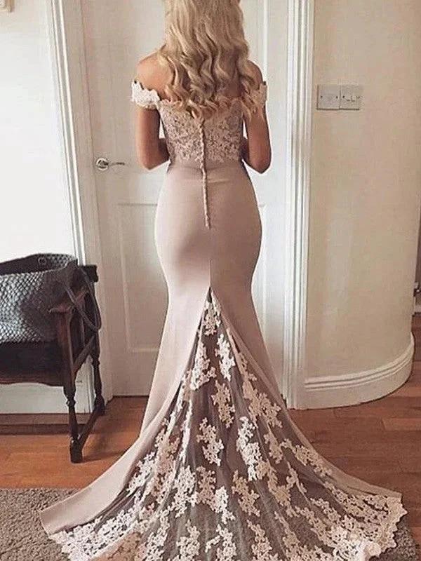 Gorgeous Mermaid Sleeveless Off-the-Shoulder Elastic Woven Satin Applique Prom Dresses by misshow.com