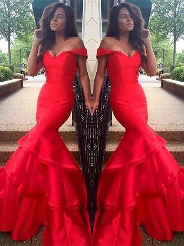Gorgeous Mermaid Sleeveless Off-the-Shoulder Satin Layers Prom Dresses by misshow.com