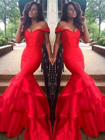 Gorgeous Mermaid Sleeveless Off-the-Shoulder Satin Layers Prom Dresses