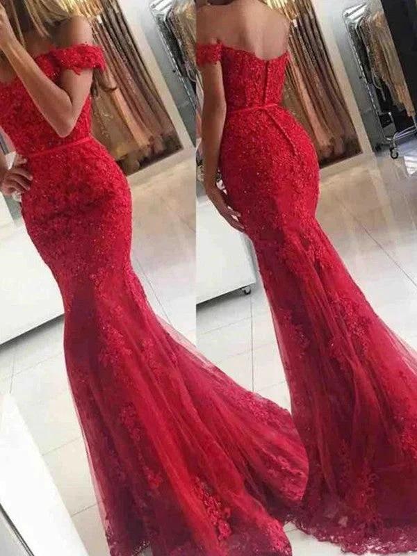 Gorgeous Mermaid Sleeveless Off-the-Shoulder Tulle Applique Prom Dresses by misshow.com