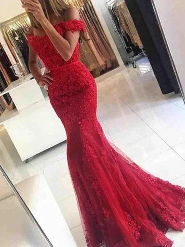 Gorgeous Mermaid Sleeveless Off-the-Shoulder Tulle Applique Prom Dresses by misshow.com